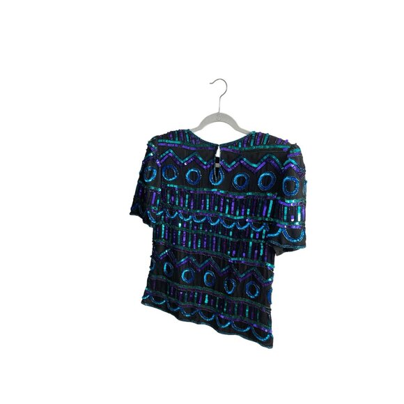 Vintage Laurence Kazar Sequined Silk Top Black Blue Green Short Sleeve Petite Me - Picture 9 of 10